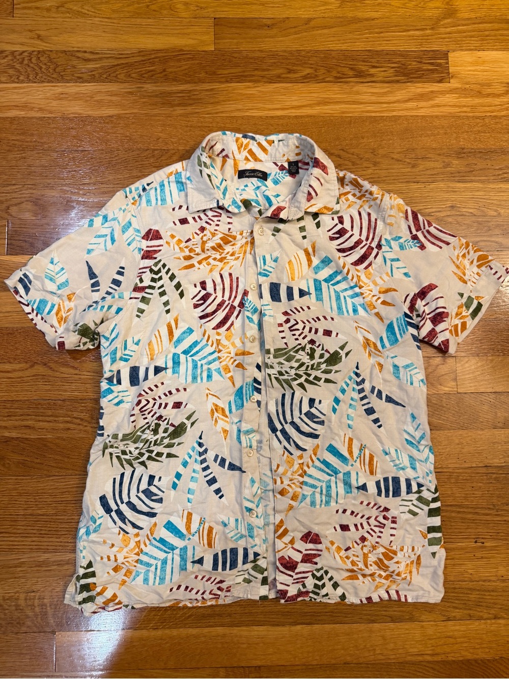 Tasso Elba Beige Short-Sleeve Shirt in Tropical Palm Leaf - Size Large